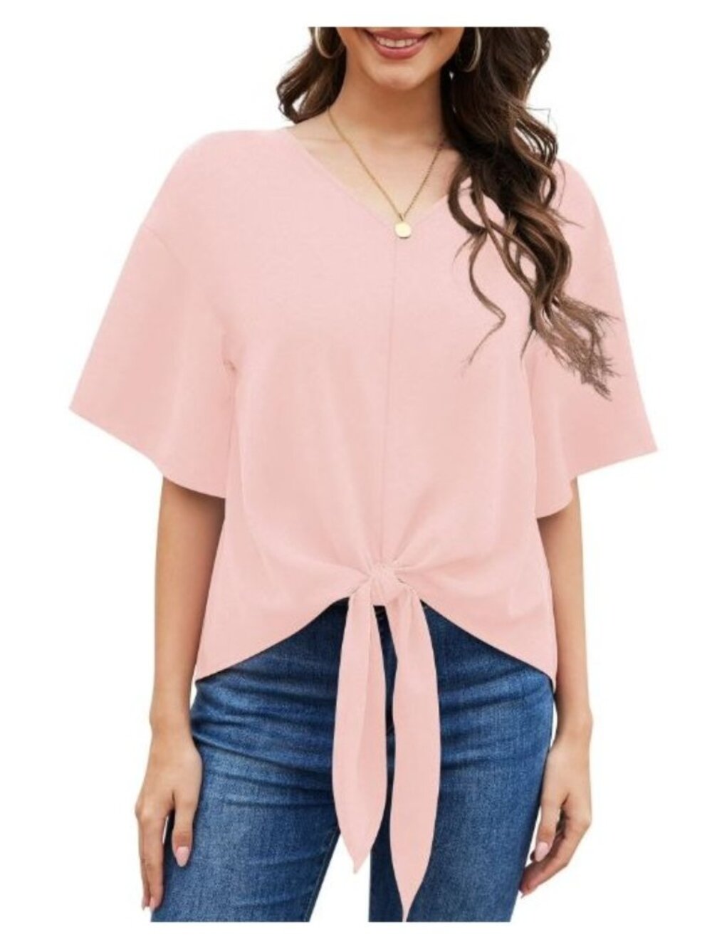 Pink Tie Front Blouse Womens L V Neck Short Sleeve Flowy Top Casual